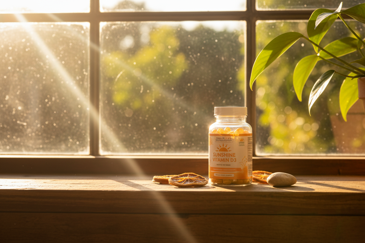 Vitamin D3 supplement in bright sunlight
