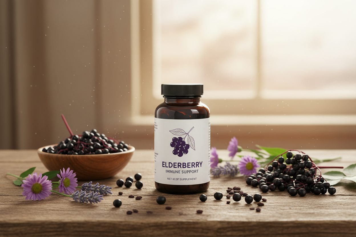 Elderberry supplement with fresh berries on wooden surface