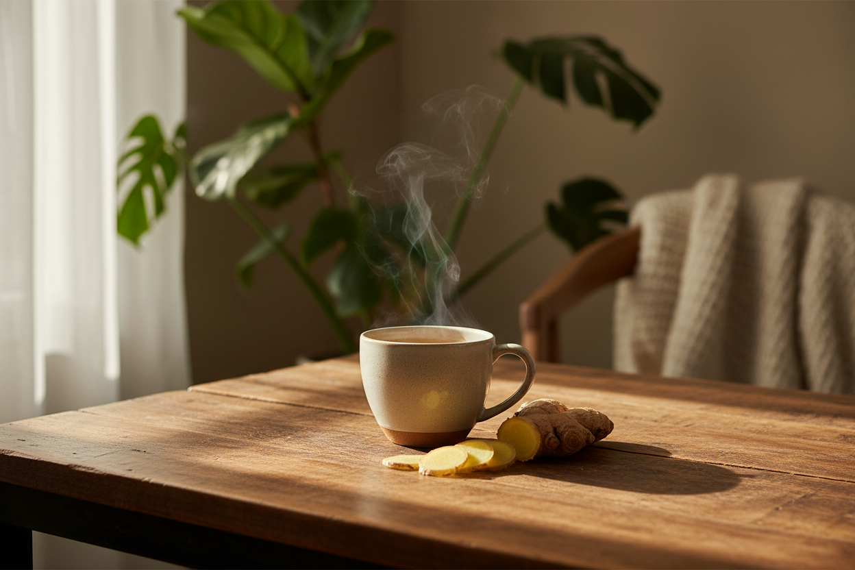 Warm ginger tea with fresh ginger root