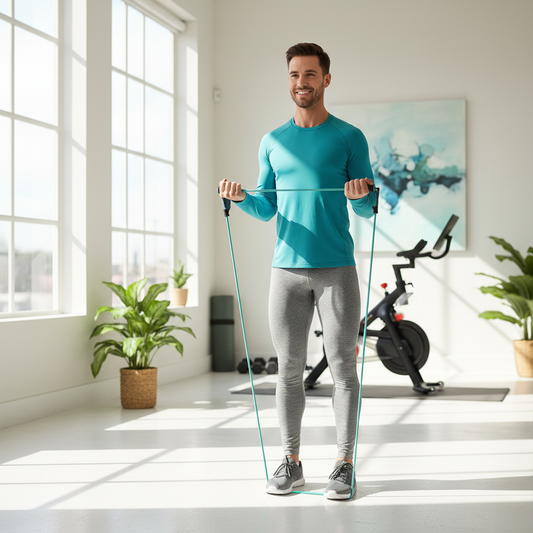 Person using light resistance band for upper body exercises