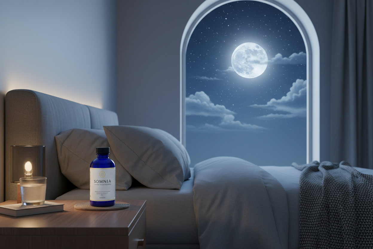 Sleep supplement on nightstand with peaceful night view