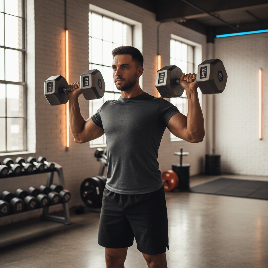 Person doing shoulder press with dumbbells