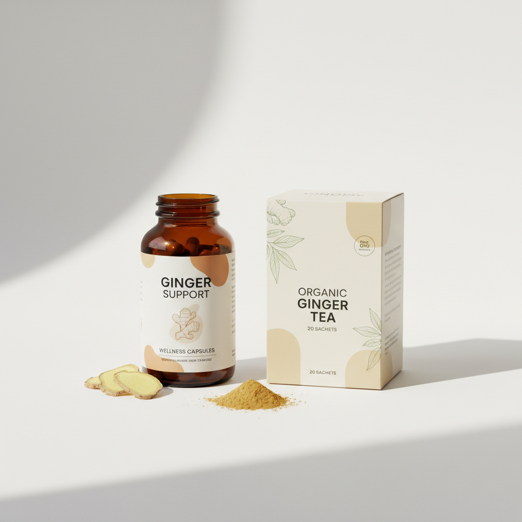 Ginger supplement capsules and tea products