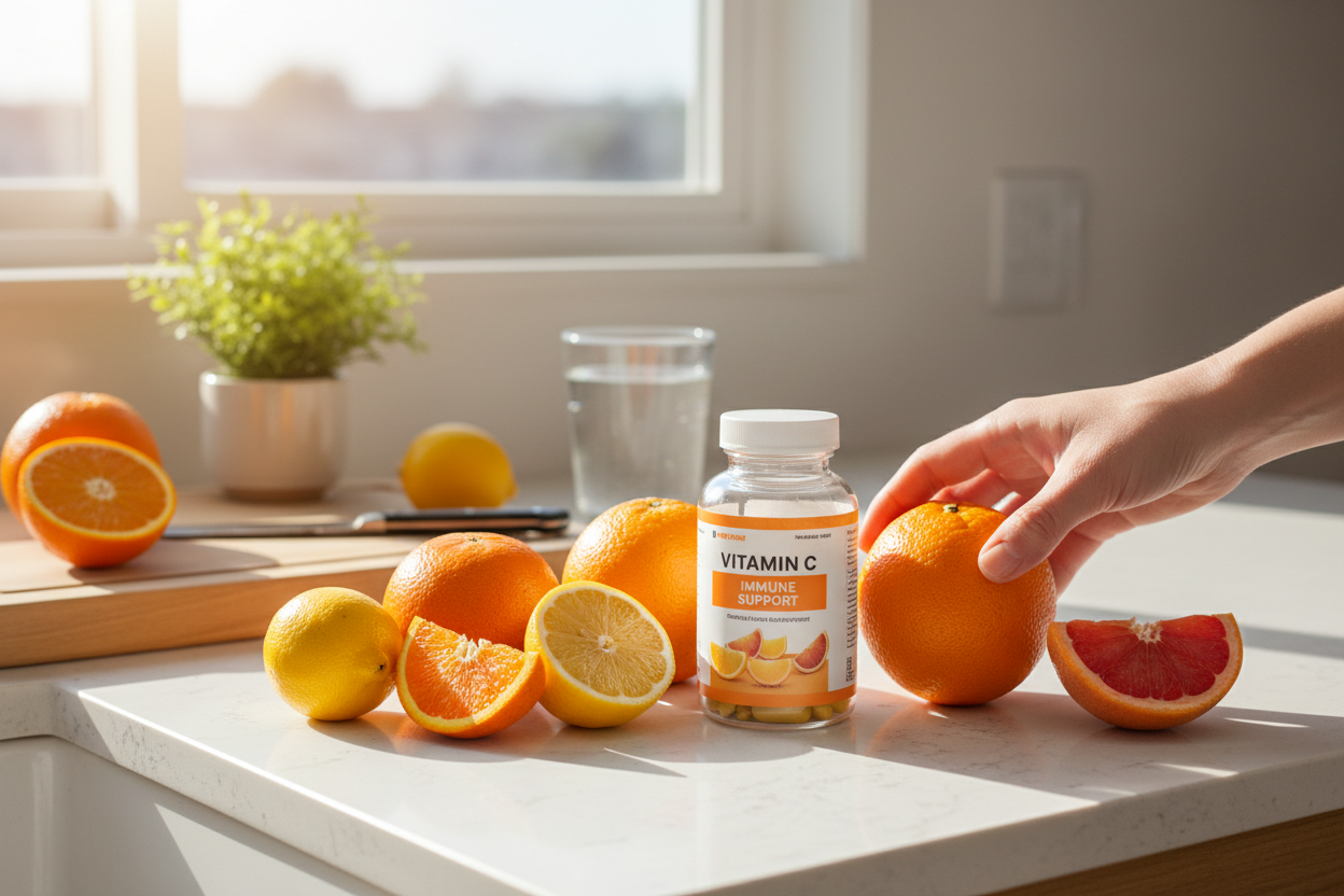 Vitamin C supplement with fresh citrus fruits