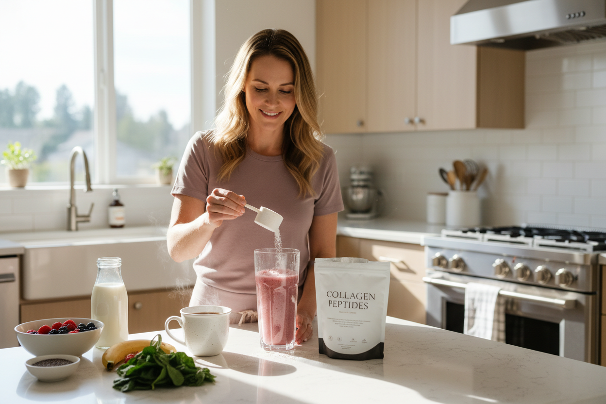 Person adding collagen peptides to morning beverage