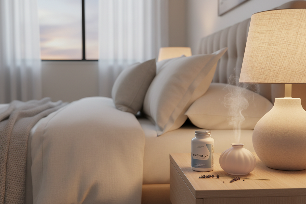 Magnesium supplement on bedside table in peaceful bedroom setting