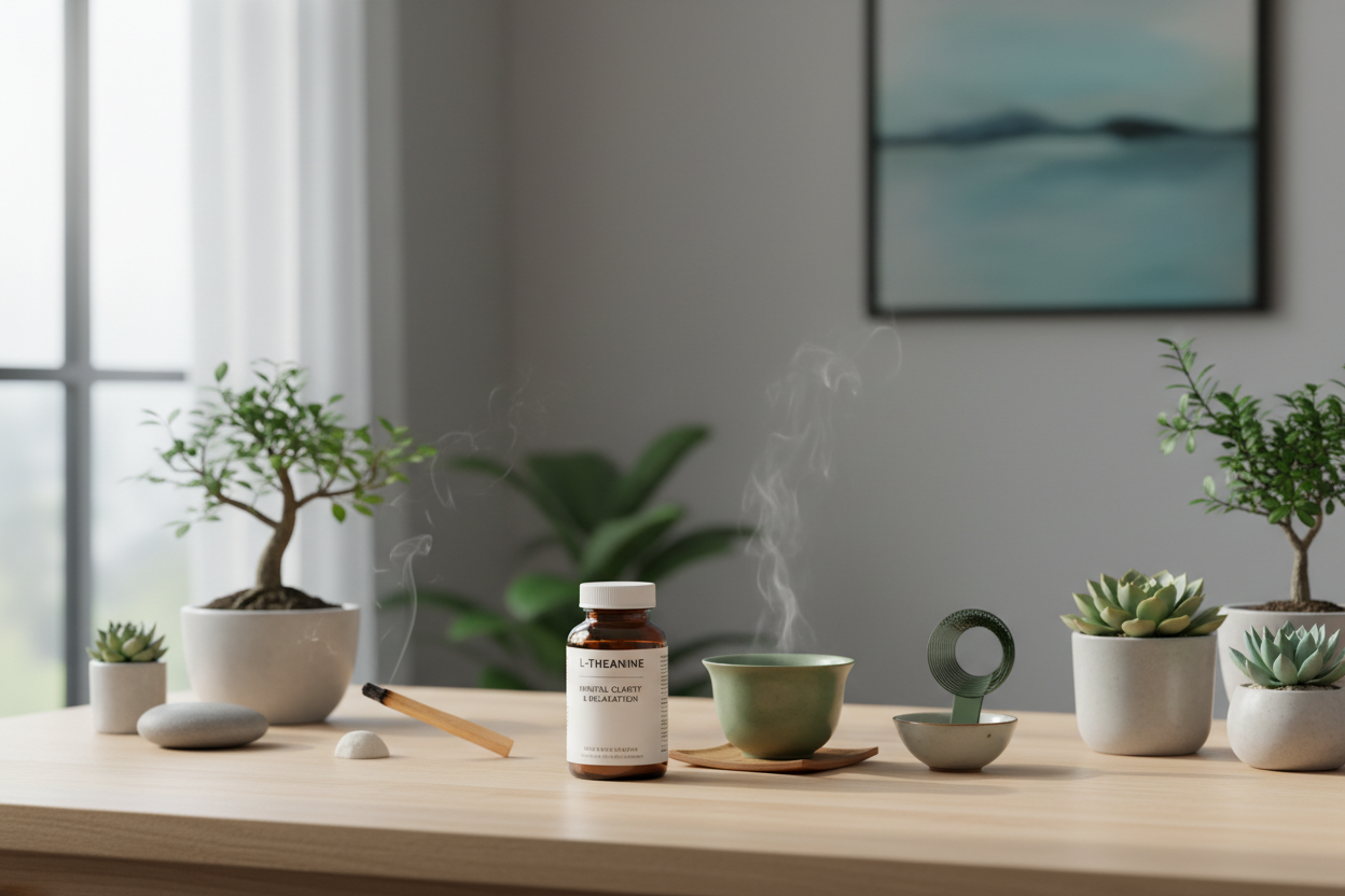 L-Theanine supplement with green tea in calm workspace