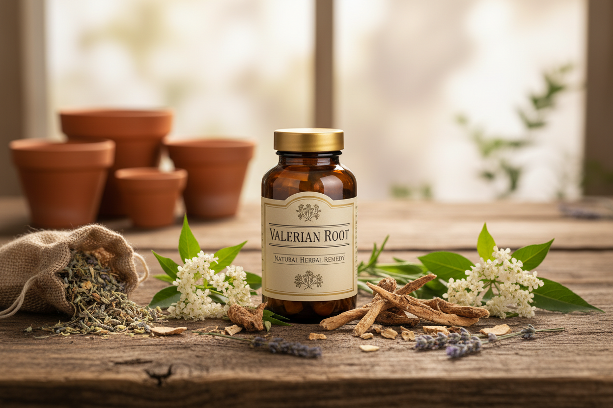 Valerian Root supplement with dried herbs on wooden surface